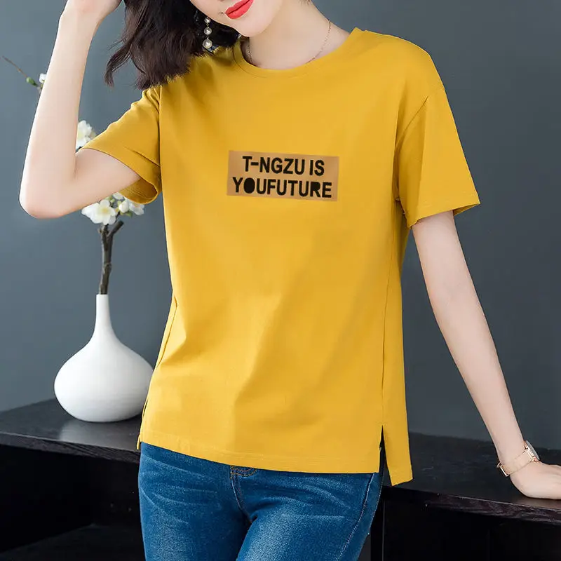 

100% Cotton Short Sleeve T-Shirt women's summer wear versatile loose large size fat mm T-shirt Korean printing T-shirt loose