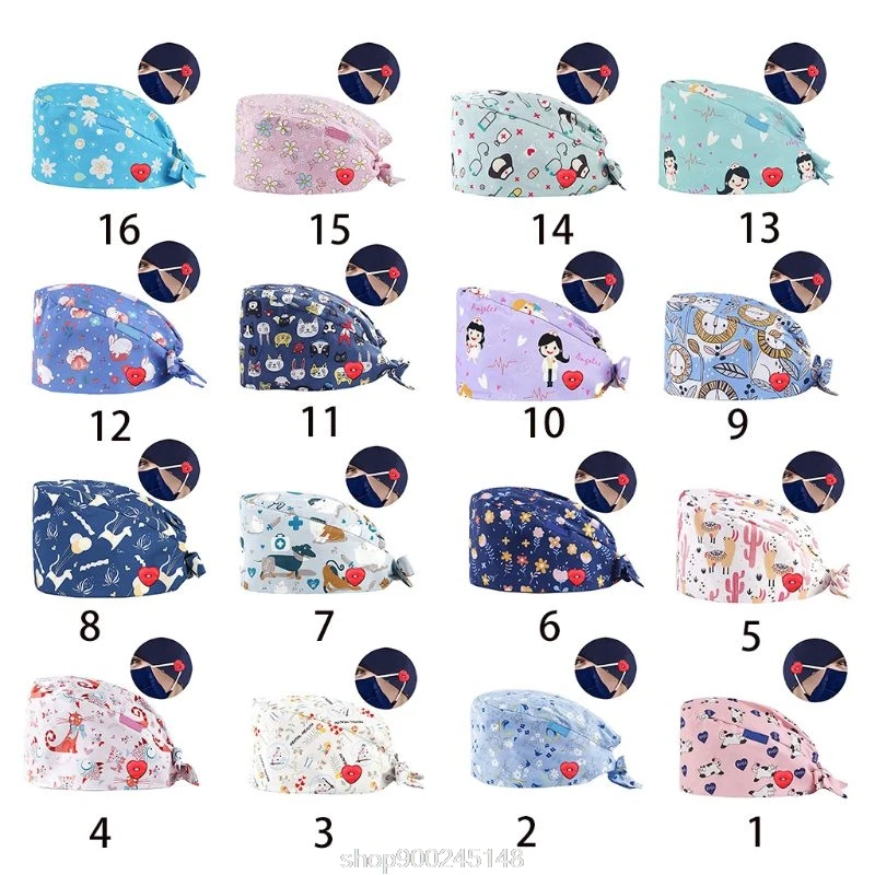 

Doctor Nurse Scrub Cap with Heart Button Mask Holder Cartoon Floral Working Adjustable Tie Back Bouffant Cap N03 20 Dropshipping