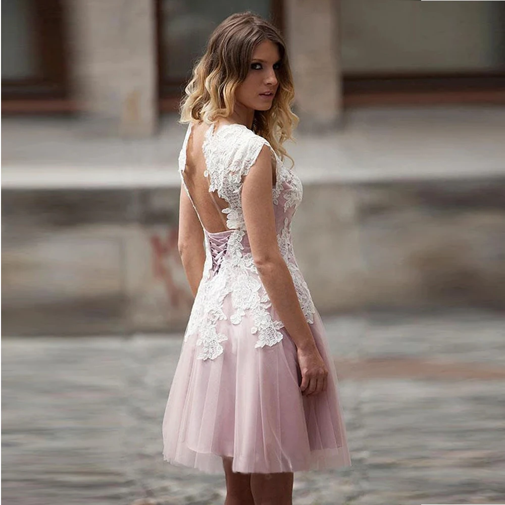 

2021 A-line Homecoming Dress Crew Short Pink Homecoming Dresses Prom Drsess Apppliques Knee-Length Party Ball Gowns