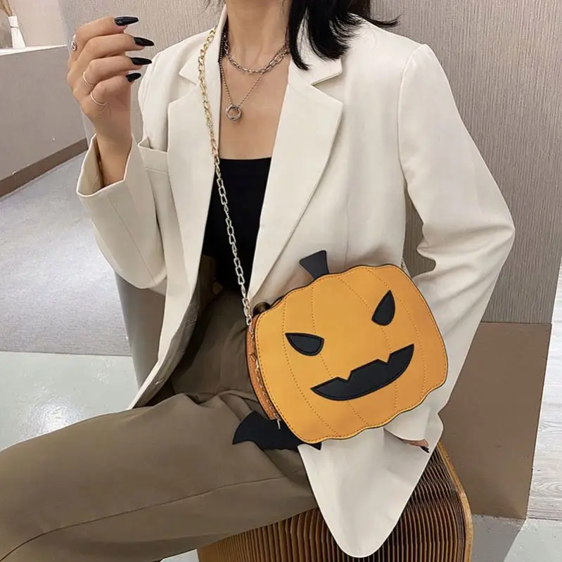 

Halloween Funny Pumpkin Bag for Women Children Spoof Bat Shoulder Handbag Luxury Chain Cartoon Crossbody Purse Personality