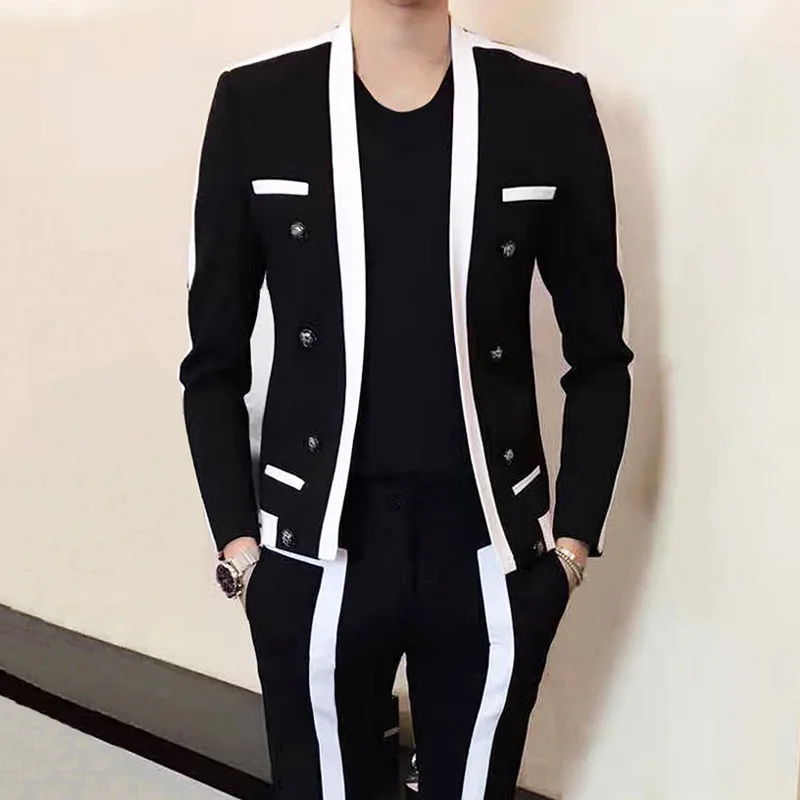 Contrast Stripe Blalck White Suit Male Wedding Groom Suit 2020 Autumn Winter Disguised Men Slim Fit Stage Outfit Mens Party Suit