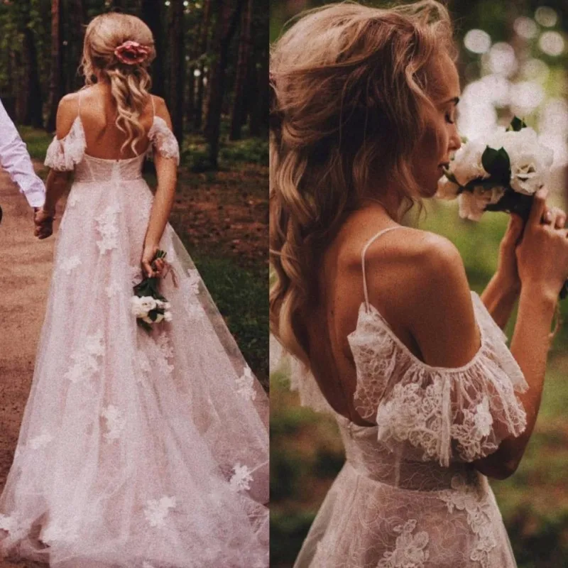Vestido de Noiva, сексуальное кружевное свадебное платье с открытой спиной, а-силуэт, v-образный вырез, тонкие лямки, Аппликации, оборки, бохо, свадебное платье es