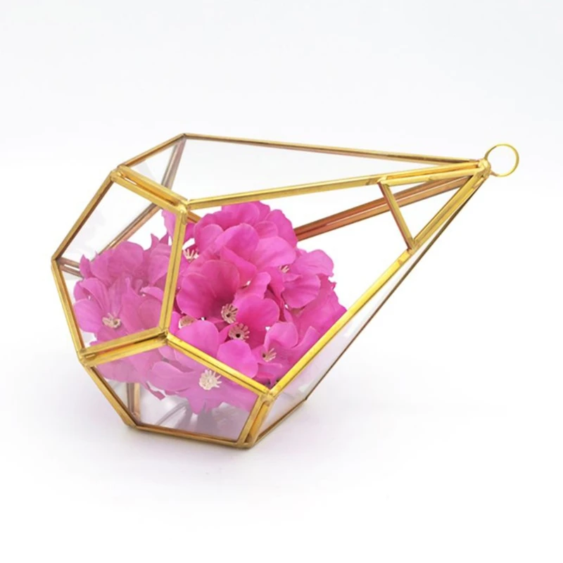 

Gold Wall Hanging Glass Geometric Terrarium Modern Indoor Opening Polyhedron Diamond Teardrop Shape Planter Pot ContainerTableto