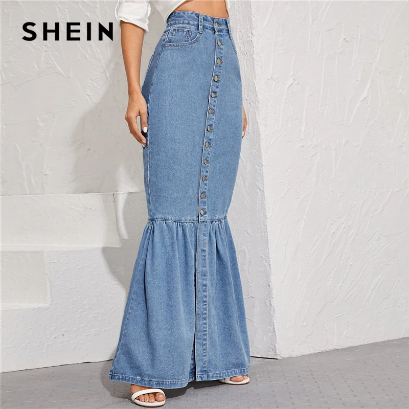 SHEIN, синяя джинсовая юбка макси с пуговицами спереди, рыбий хвост, Женская Осенняя юбка с карманами, высокая талия, вечерние, повседневные, облегающие, облегающие, Юбки Русалки