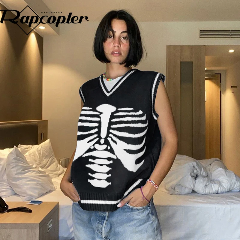 

Rapcopter Printed Knitted Jumpers y2k Aesthetic Sweaters Sleeveless V Neck Pullovers Vintage Women Knitwear Loose 90s Tank Top