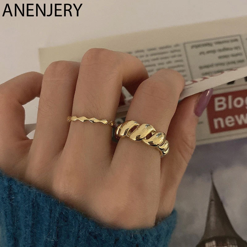 Женское кольцо с 925 пробы ANENJERY серебряное витое Открытое золотого цвета подарок S