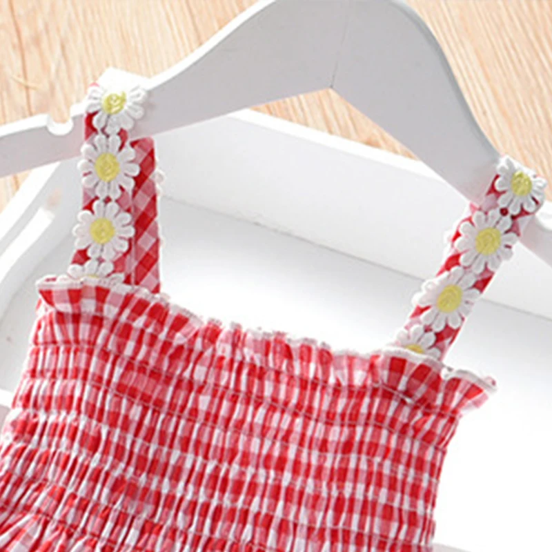 

Keelorn Girls Summer Plaid Dresses 2021 Fashion Girl Casual Clothes Flowers Applique Suspender Vestidos Children Clothing 2-6Y