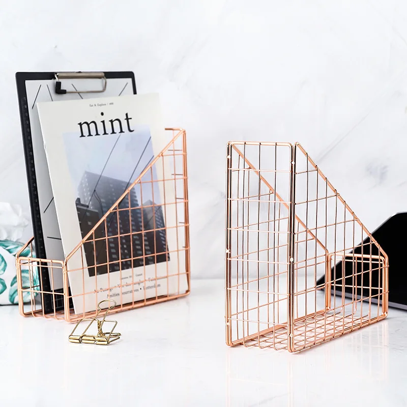 Rose Gold Electroplated Iron Book Holder Desktop Shelf File Magazine Stand Office Home Stationery Organizer |