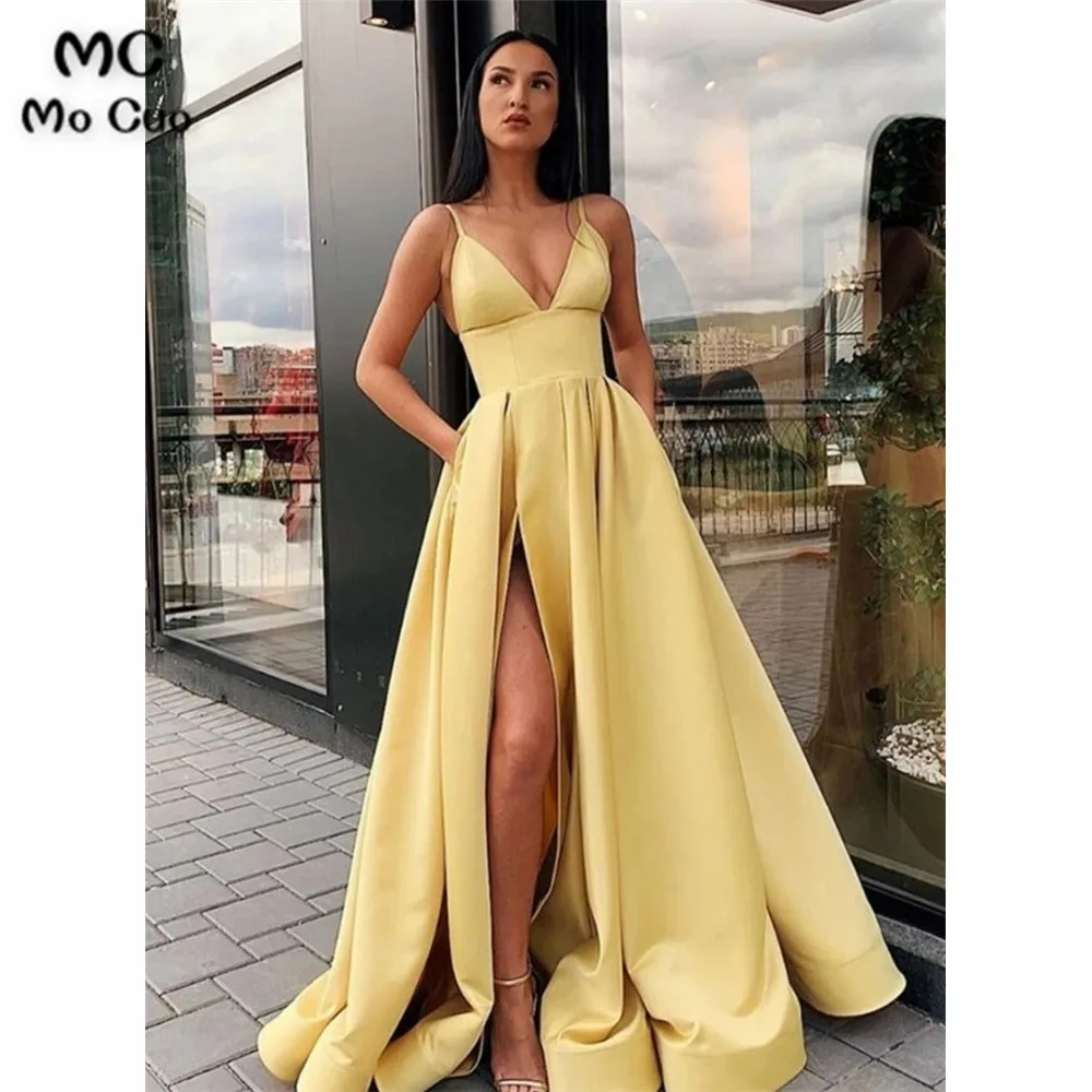 

Желтые трапециевидные вечерние платья, длинные с карманами, на бретельках, с разрезом спереди, женское платье для выпускного вечера, вечерние платья