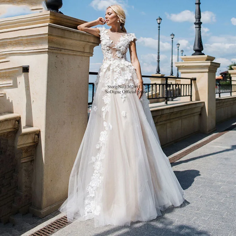 

Champagne Wedding Dress Sexy V-neck 3D Flowers Applique A-line Bridal Dress bohemian wedding gowns vestido de noiva
