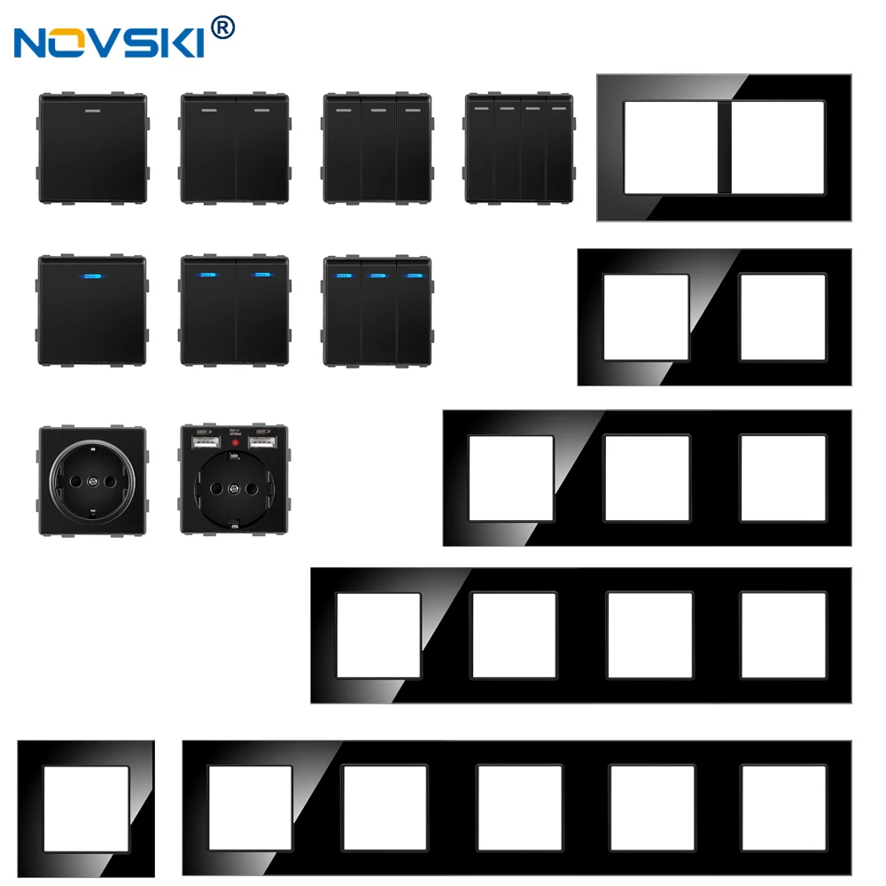 

Стеклянная панель перекидной переключатель черный, Бесплатная комбинация розетки, немецкий USB порт, гибридный многорамный переключатель р...