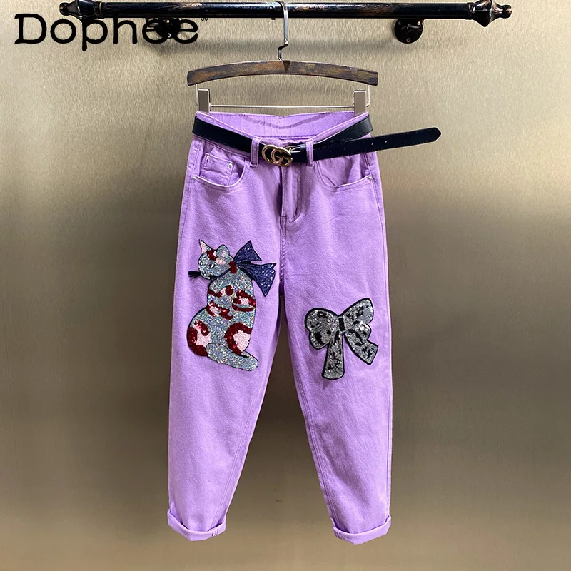 

Джинсы женские укороченные с завышенной талией, модные султанки из денима в Корейском стиле, свободные прямые фиолетовые брюки-карандаш с б...