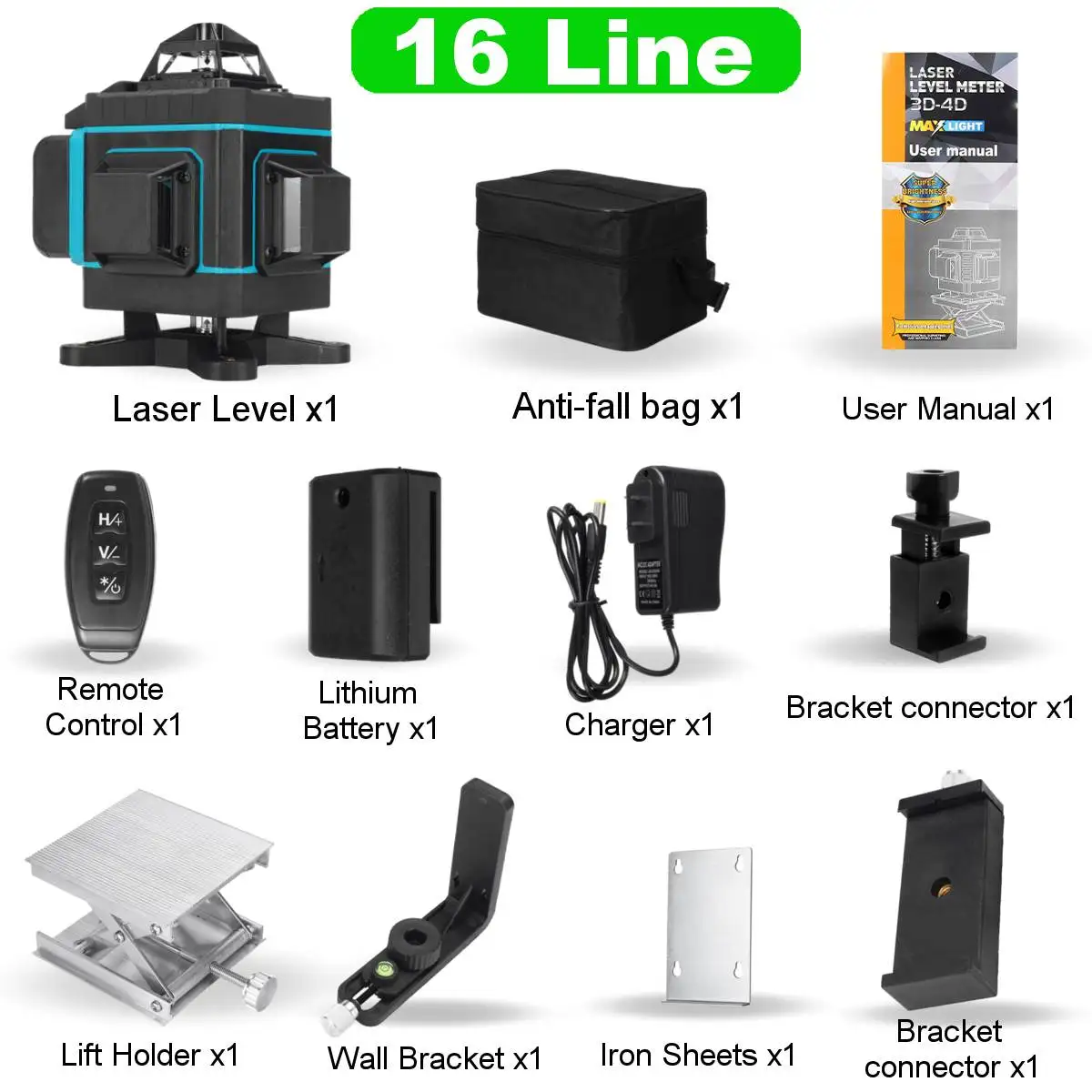 

16 Lines Laser Level 4D Green Light Auto Self Leveling 360 Rotary Measuring LED Display Horizontal Vertical Cross Remote Control