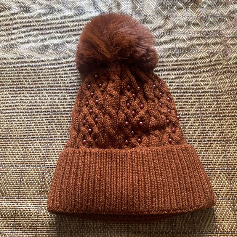 

Winter Brand Female Pom Poms hat Winter Hat For Women Girl's Hat Knitted Beanies Cap Hat Thick Women Pearl Skullies Beanies