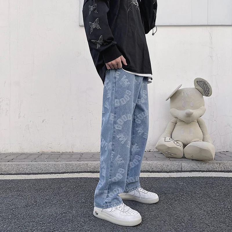 #1312 Letters Printed Denim Jeans Men Loose Harajuku Jogger Jeans Men Loose Streetwear Straight Wide Leg Jeans Blue Jogger Jeans