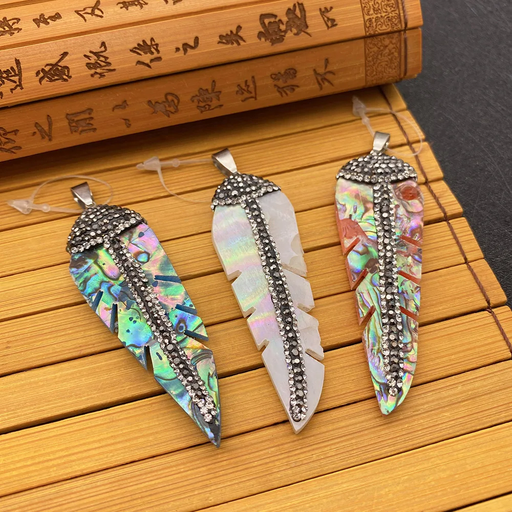 

Natural Abalone Shell Pendant Leaf-shaped Colored White Diamond Carved Necklace Pendant Charms for Jewelry Making Charm Parts