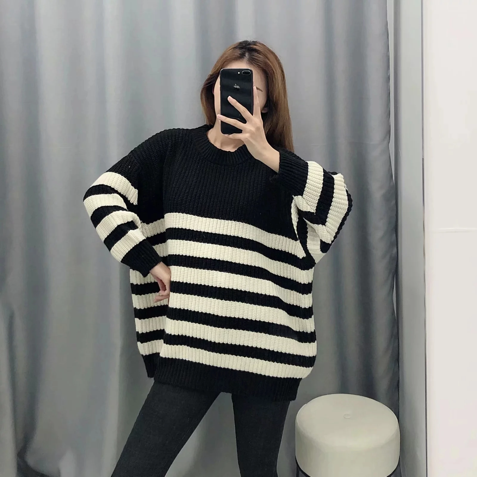 autumn long sleeve knitted Sweater women black white loose stripe winter Pullovers Casual Knitwear casual Clothing 2019 | Женская одежда