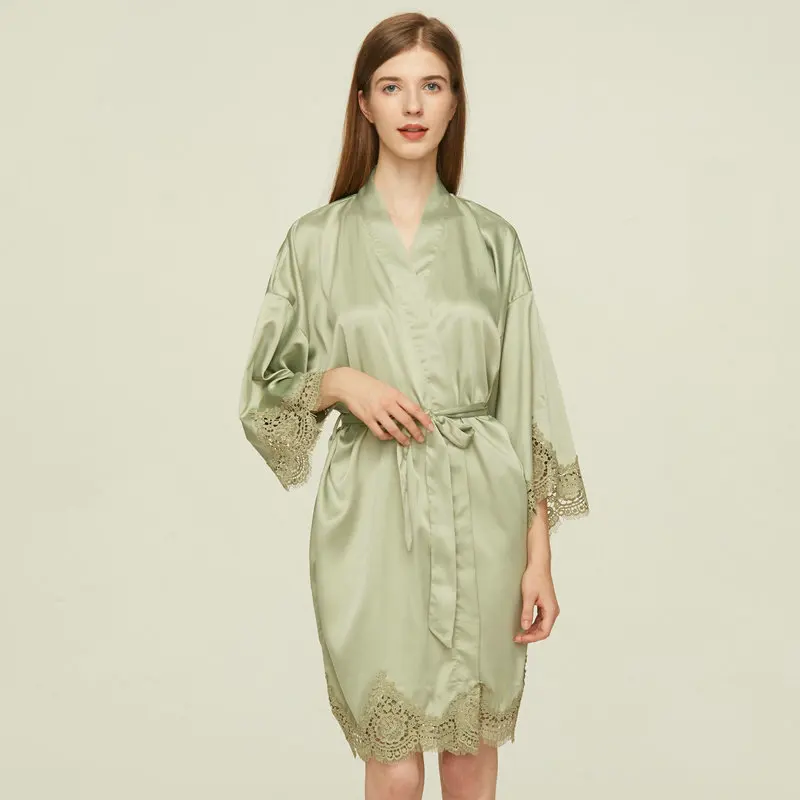 Matt Satin lace Robe for women with Lace Trim Bridesmaid Bride Robes Bathrobe Wedding Bridal Robe Bathrobe Sleepwear