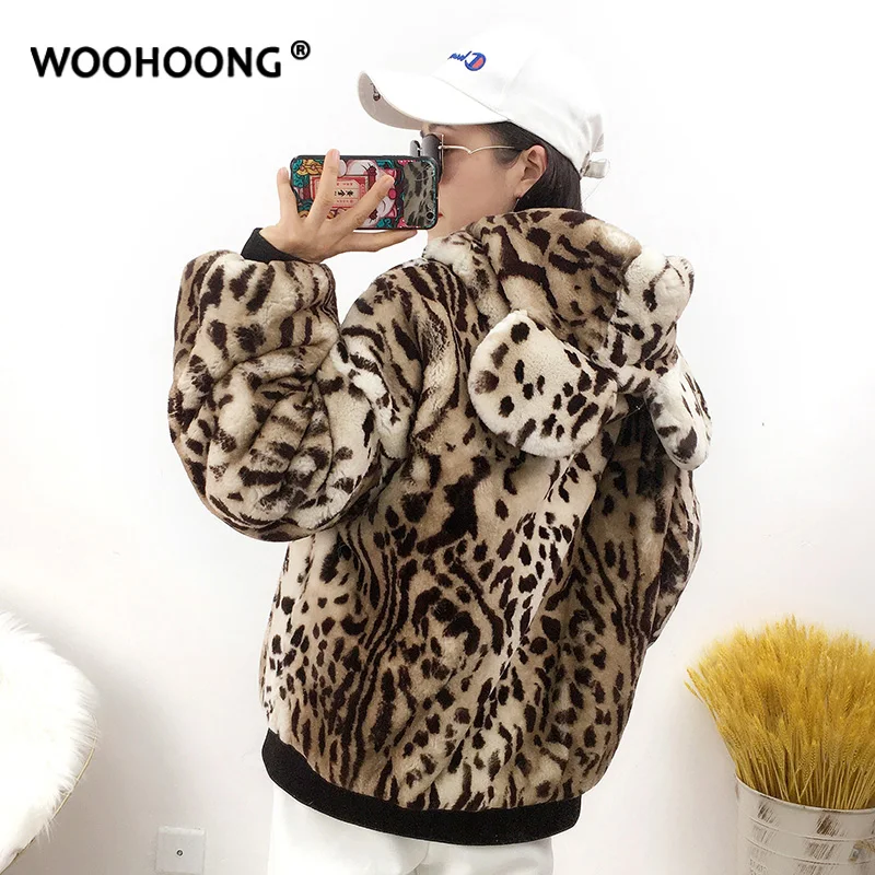 

Шуба женская из меха кролика Микки и ушей, леопардовая, зимняя