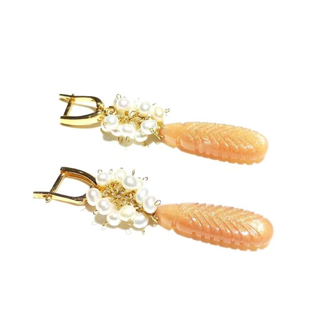 Lii Ji Dangle Earrings Tear Drop Sunstone Freshwater Pearl 925 Sterling Silver 18K Gold Plated Handmade Jewelry Long | Украшения и