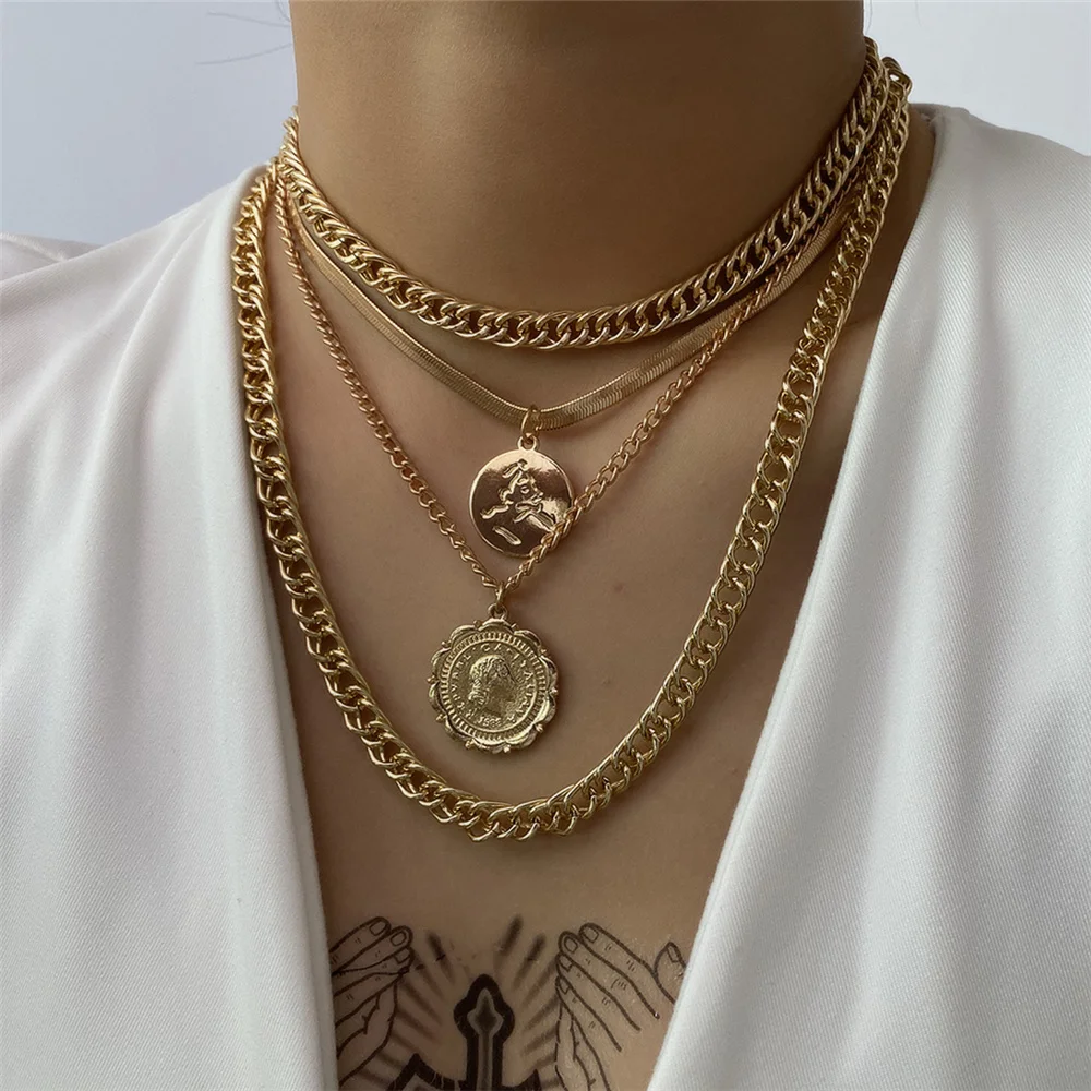 2Pc/lot Vintage Portrait Pendant Necklace for Women Multi Layer Cuban Chunky Chain Choker Necklace  Statement Party Jewelry Gift