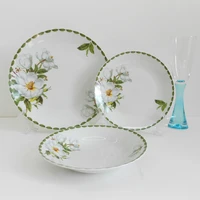 white flower green rim artistic porcelain dish set home decorative breakfast lunch ceramic dinner plates set