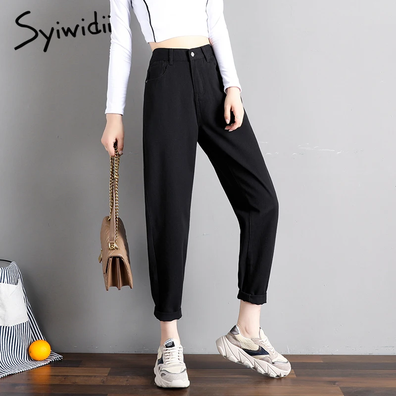 

Syiwidii High Waist Jeans for Women Denim Pants Street Style Vintage Streetwear Elastic Waist Black Jeans Korean Fashion Mom