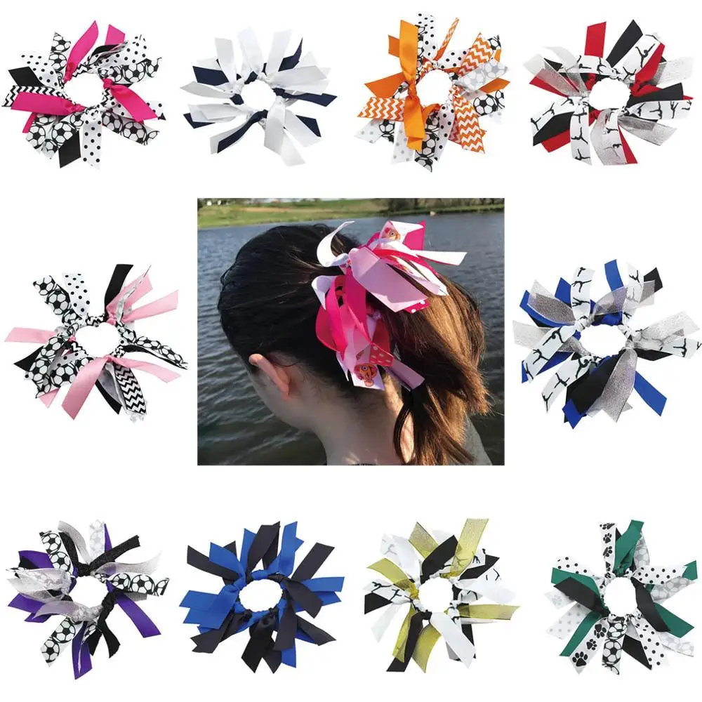 

free shipping 10pcs soccer ribbon hair scrunchies ponytail holder Gymnastics Hair Tie Dance Pony pony hair ties sport bows