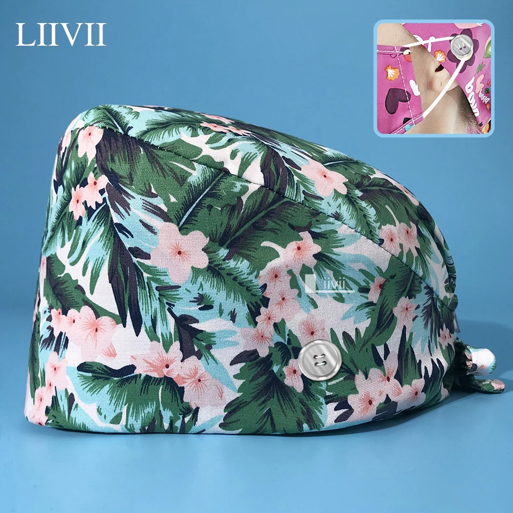 

Высококачественная Хлопковая шапочка для стоматологических клиник, разноцветная печать, аналогичная шапочка с кнопкой, Регулируемая Шапо...