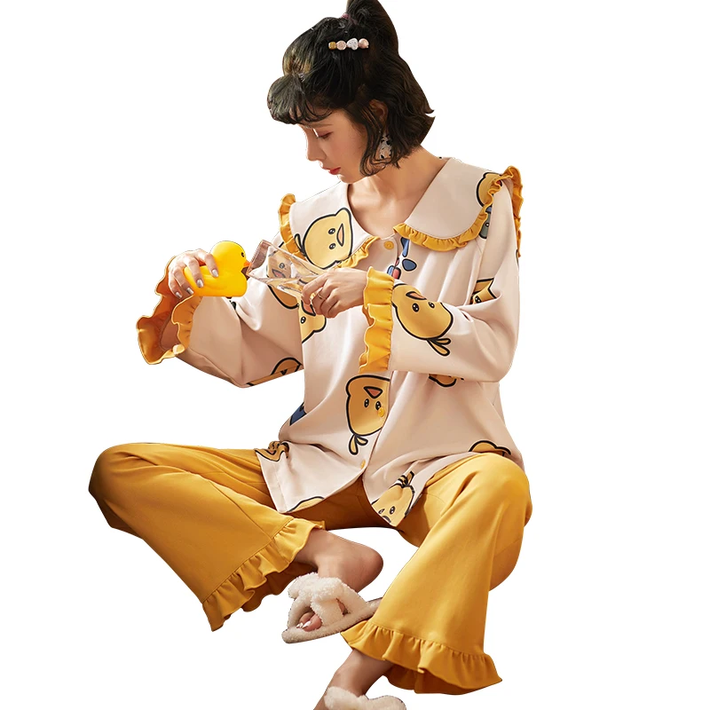 

100%Cotton Pajamas Women Spring New Cartton Print Sleepwear Long Sleeve Pyjamas Femme Mujer Night Suit Homewear