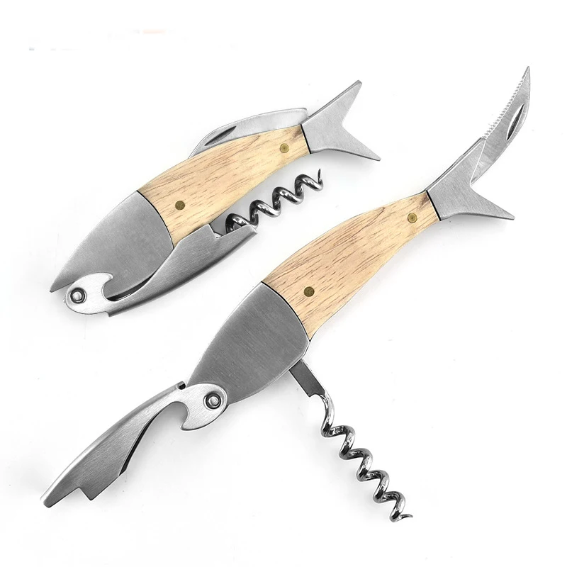 

2pcs/lot Fish Shaped Stainless Steel Multi-function Wine Screw Corkscrew Solid Wood Wine Beer Bottle Openers Kitchen Bar Tools