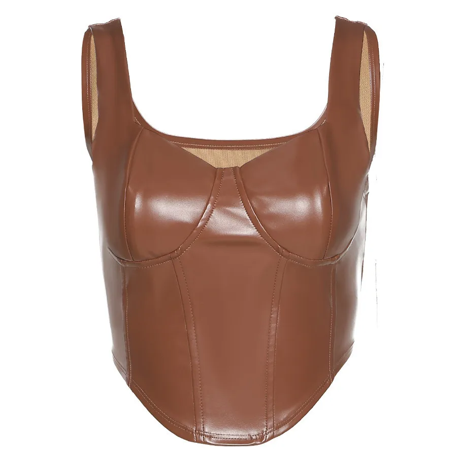 

Sexy Tank Push Up Brown Corset Crop Tops Women Club Party Sleeveless Female Backless Faux PU Leather Vest clothes