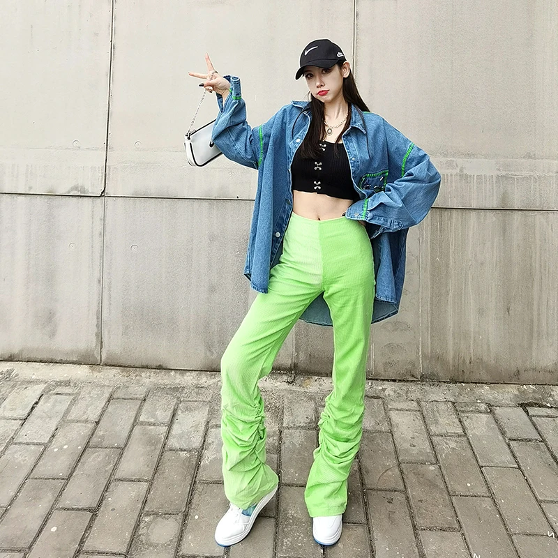 

Women's Hit The Color Denim Shirt Jacket 2021 Spring Autumn New Fashion Lapel Long Sleeve Female Blouse Streetwear Blusas Mujer