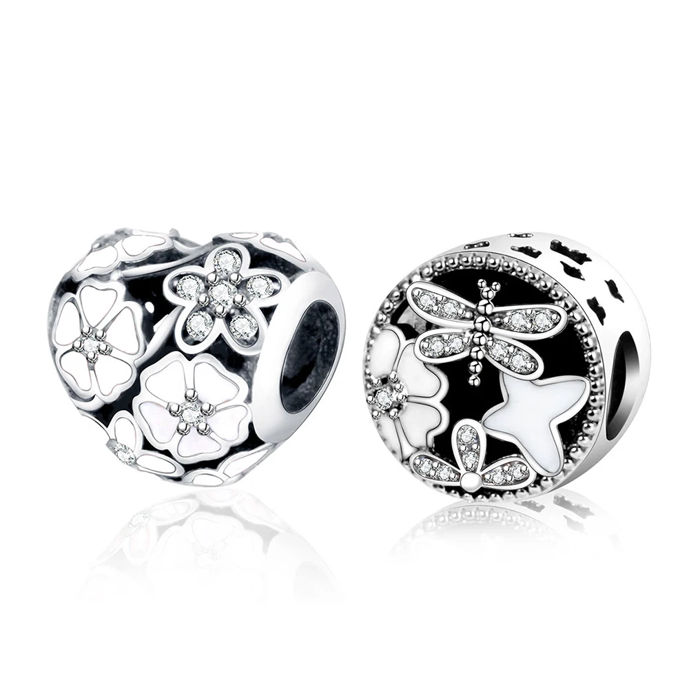 

Fit Original Europe Charm Bracelet 925 Sterling Silver Flower Heart Charm Beads With White Enamel DIY Jewelry Berloque 2018