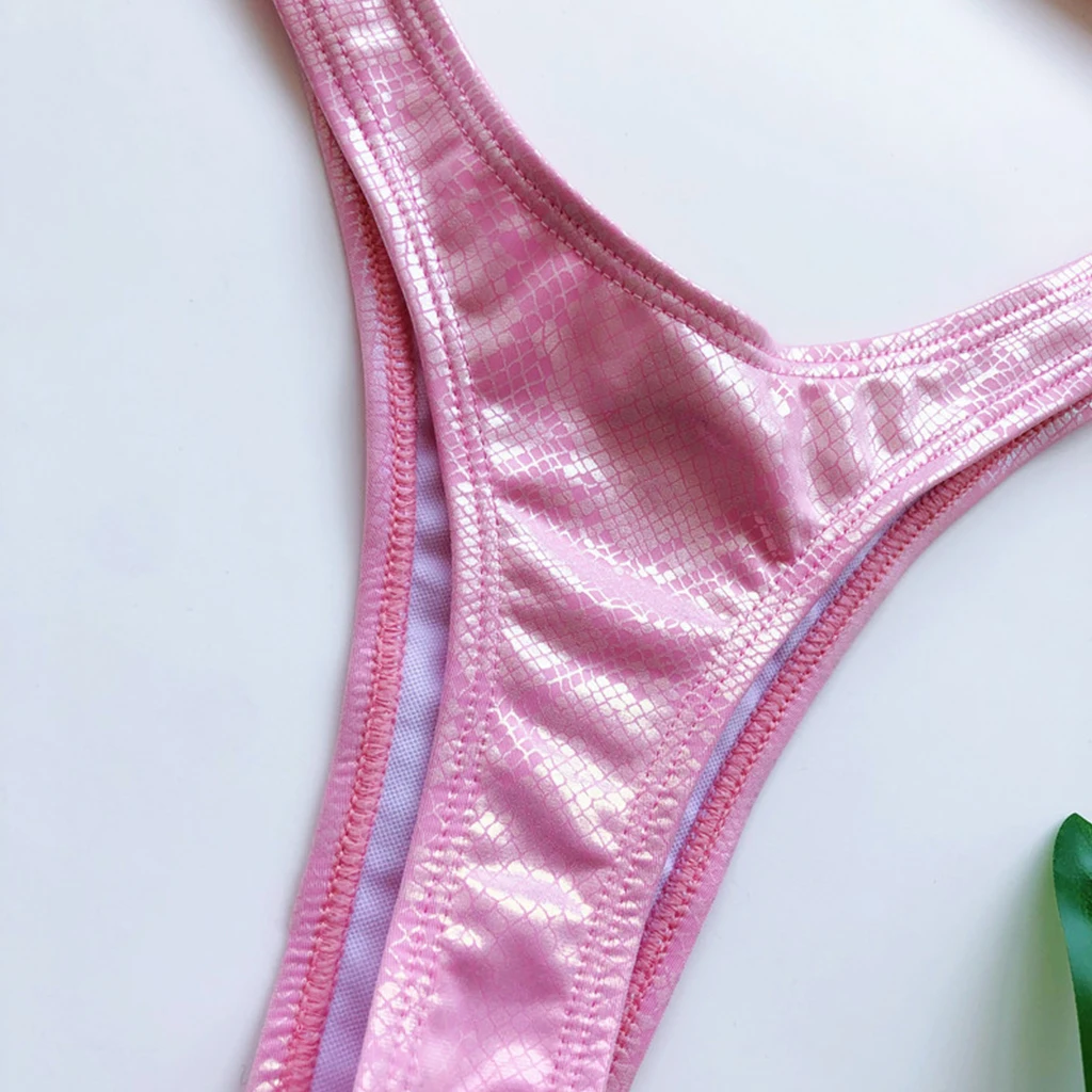 

Women Sexy 2 Piece Bikini Set Shiny Metallic Rainbow Snakeskin Swimsuit Detachable Straps Bandeau Tube Top Triangle Bottoms Bath