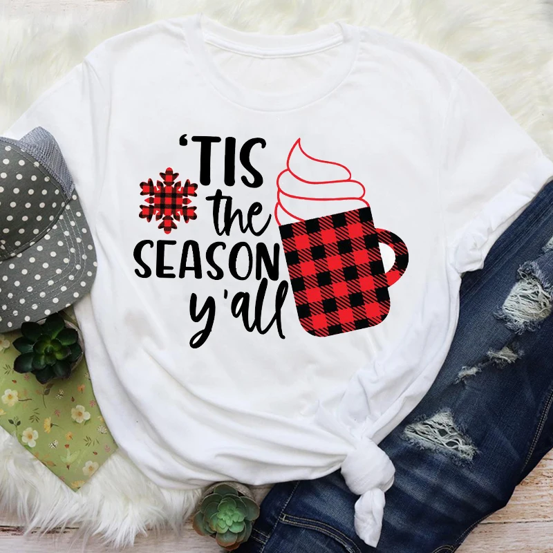 

It's The Season Red Plaid Cup Clothing Suitable All Seasons New Christmas T Shirt Women Fashion Harajuku Short Sleeve T Shirt
