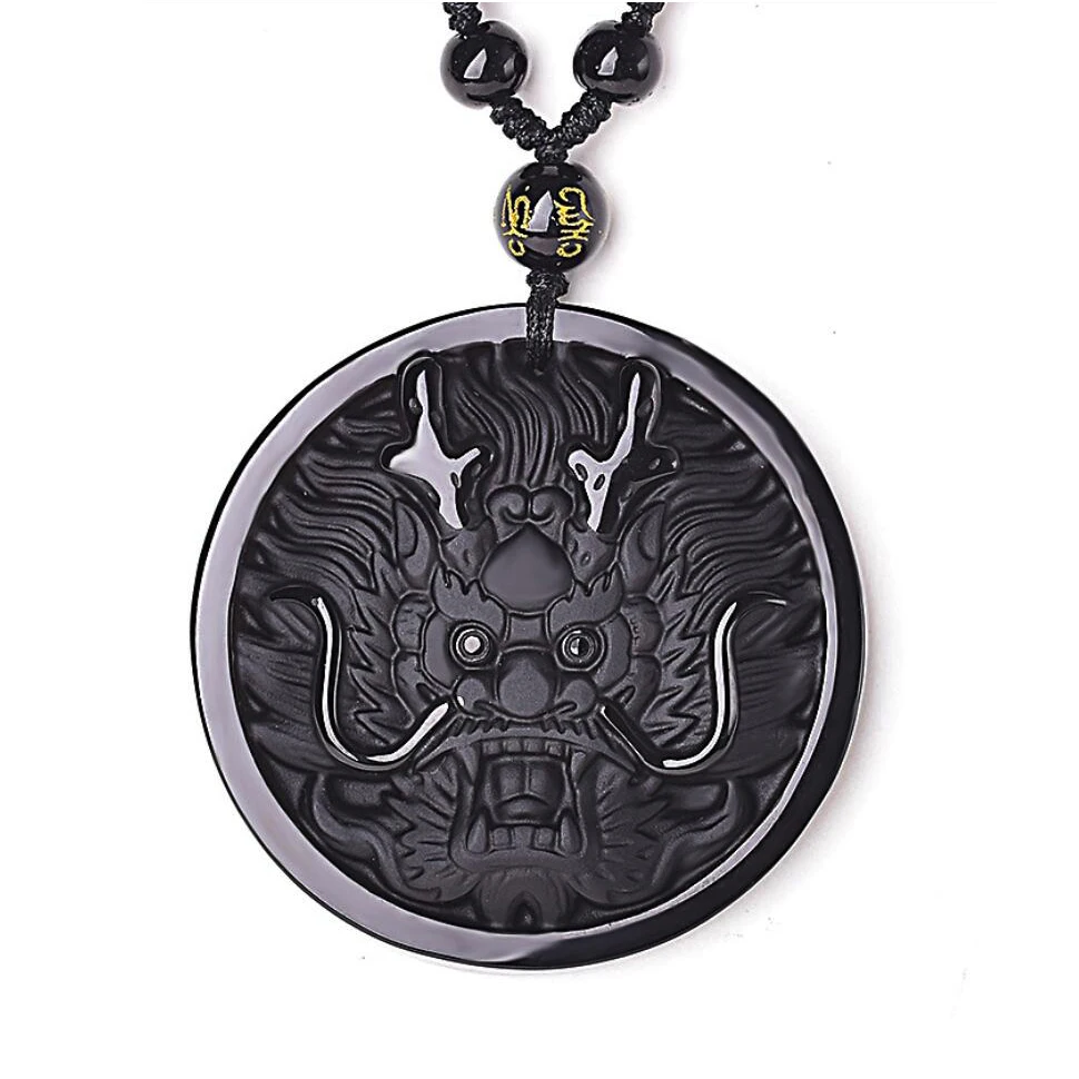 

Natural Black Obsidian Dragon Head Pendant with Beads Necklace Black Jade Jewelry