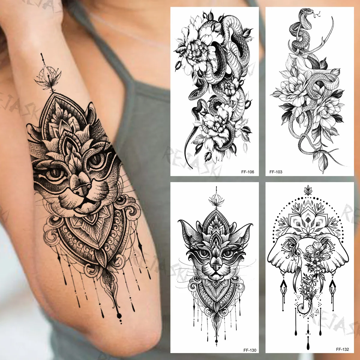 

Black Cat Henna Temporary Tattoos For Women Girls Realistic Snake Elephant Flora Fake Tattoo Sticker Arm Back Tatoos Creative