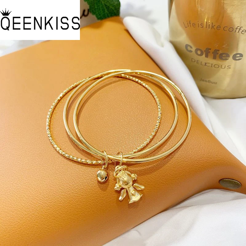 

QEENKISS BT5276 Fine Jewelry Wholesale Fashion Hot Woman Girl Bride Birthday Wedding Gift Bells Angel 24KT Gold Bracelet Bangle