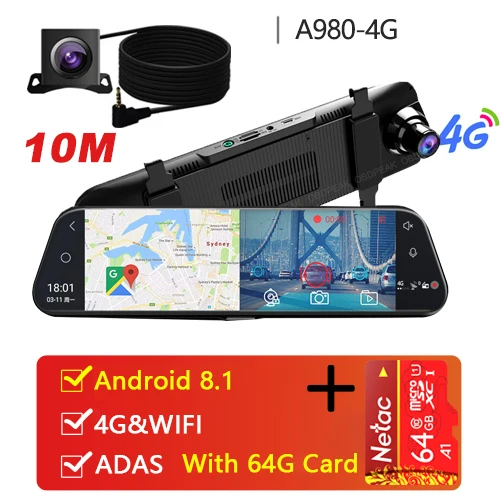 A980 10M With 64G 4G Dash Cam Android 10 дюймов поток медиа зеркало автомобиля зеркало заднего вида автомобиля Dvr ADAS супер ночного видео рекордер FHD двойной 1080P - Название цвета: A980 10M With 64G
