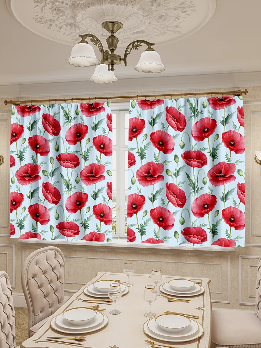 Шторы для кухни LeJoy Home из габардина &quotКрасные маки на салатовом фоне.&quot 180х290 см. (2