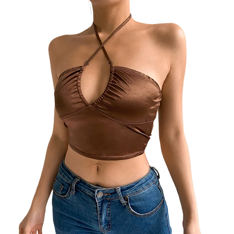

Kayotuas Women T-Shirt Summer Halter V-Neck Brown Slim Fit Backless Sleeveless Short Casual Hot Sale Sexy Ladies Clubwear