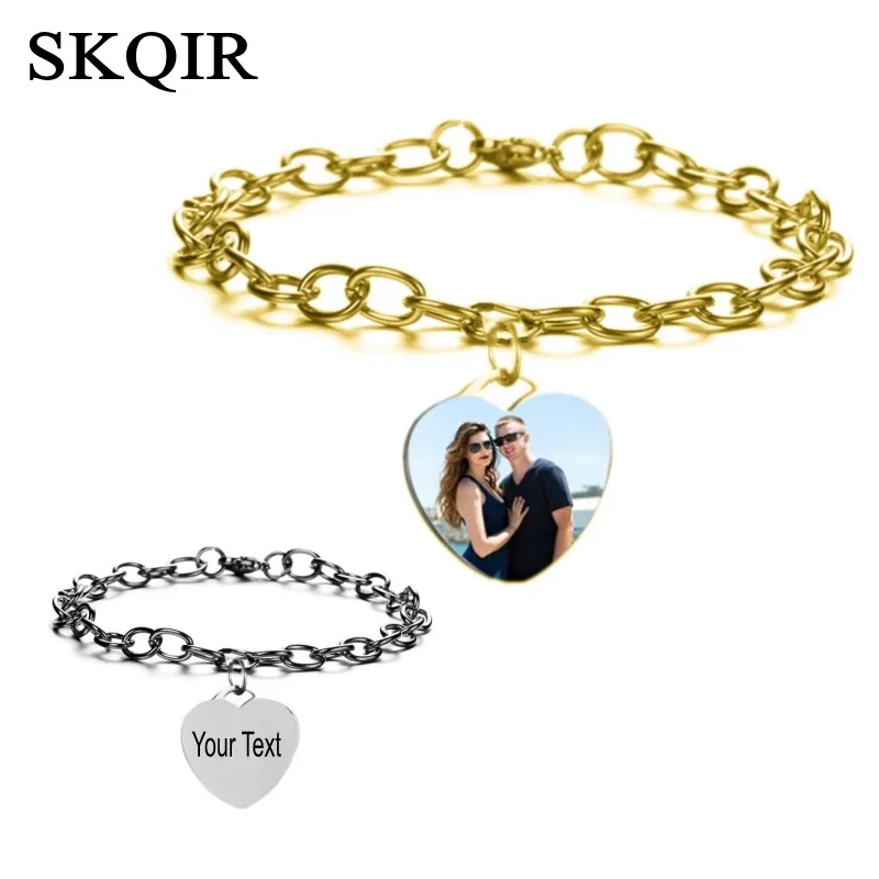 

SKQIR Personalized Custom Photo Bracelets Heart Stainless Steel Engrave Name Bangle For Women Men Bracelets Memory Jewelry Gift