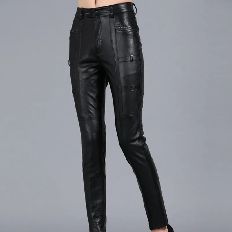 Модные женские байкерские брюки из натуральной овечьей кожи с пряжкой|Брюки| |
