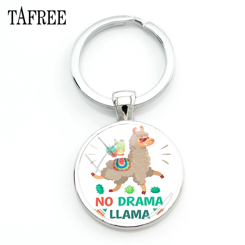 

TAFREE Fashion Animal Lama Alpacos Art Pictures Key Chains No Drama Unicorn Glass Cabochon Keyrings Lovers Jewelrys NT177