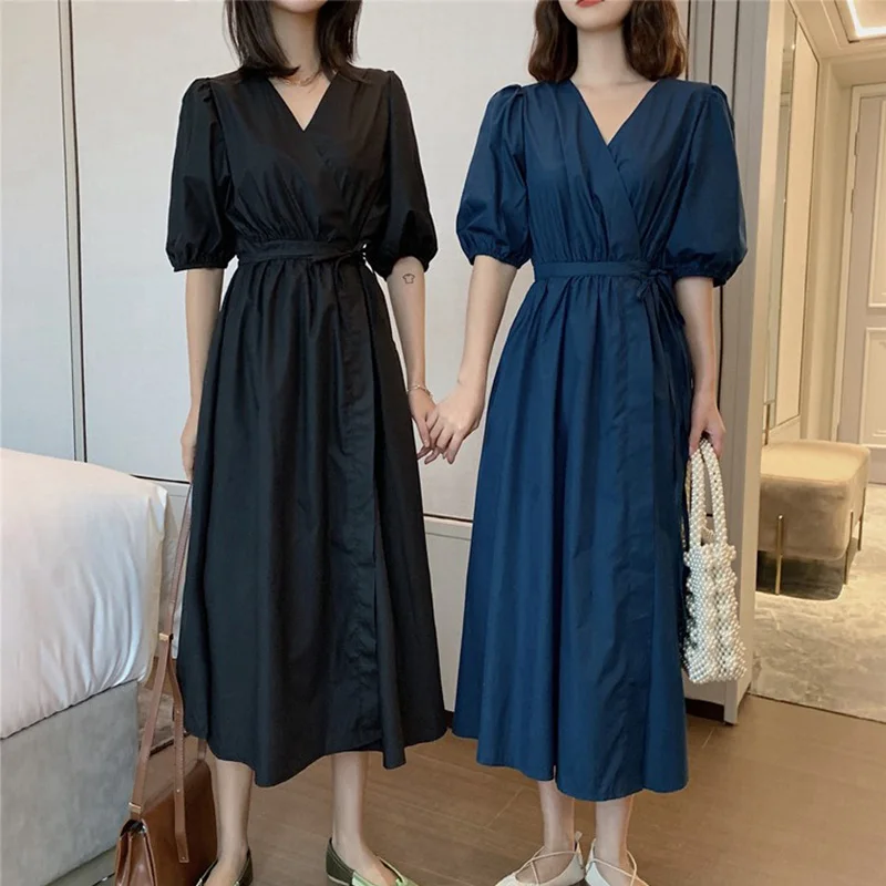 

V-Neck Puff Sleeve Women Dresses 2021 Summer New Retro Waist A-Line Solid Color Long Dresses Casaul Short Sleeve Dresses LJ3061
