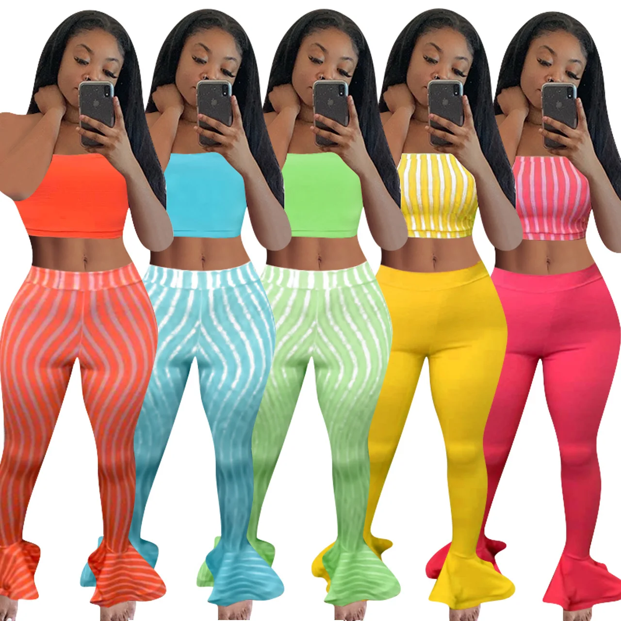 

New Women Pants Set Crop Top And Striped Ruffles Pants Tracksuit Two Piece Set 2021 Summer