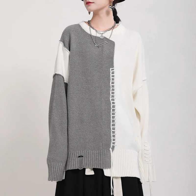 

Gray Big Size Knitting Sweater Loose Fit Round Neck Long Sleeve Women Pullovers New Fashion Autumn Winter