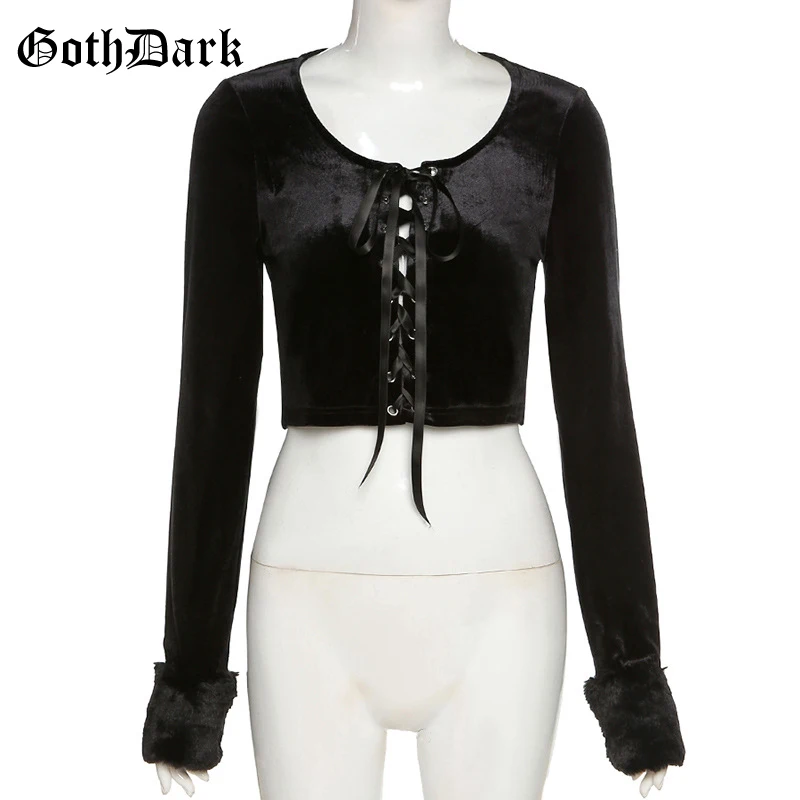 

Goth Dark Harajuku Velvet Gothic Crop T-Shirts Black Grunge Lace Up Long Sleeve Patchowrk Women Tops Skinny Bandage Streetwear