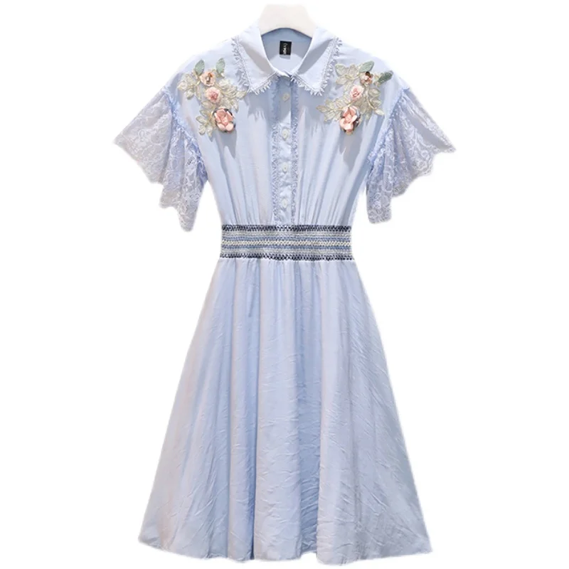 

Plus Size 2021 Summer Casual Pullover Lace Patchwork Floral Embroidery Dress For Women Short Sleeve Elastic Waist Female Dresses